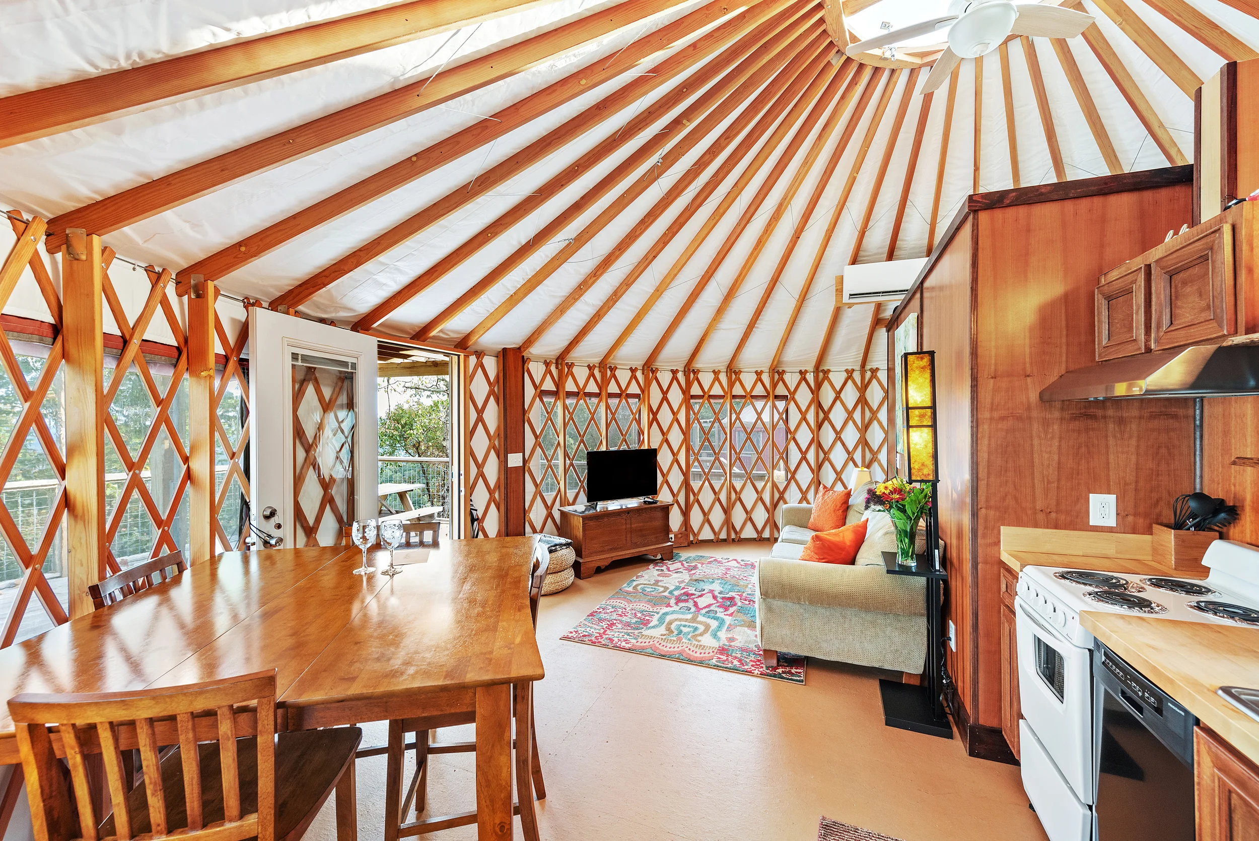 Cherry yurt view from kitchen into family room