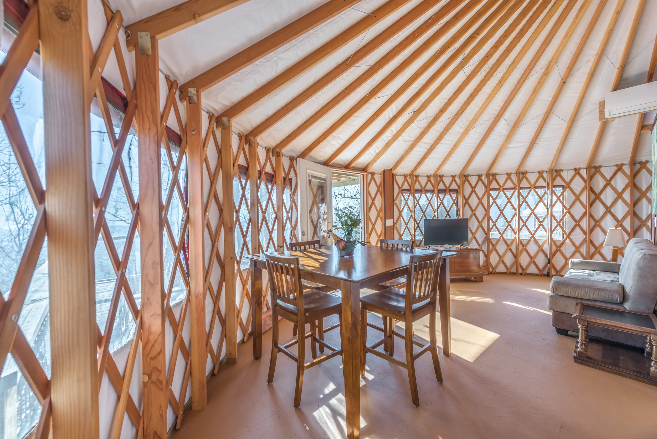 Dining table inside yurt
